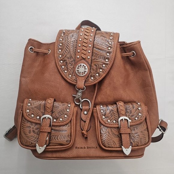 Rein & Bridle Tooled Vegan Leather Backpack Brown Western Boho Studded - Picture 2 of 13